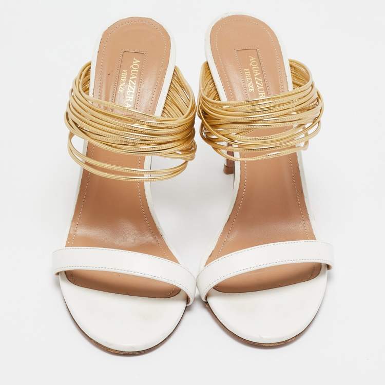 Pre Owned Aquazzura White/Gold Leather Rendez Vous Slide Sandals Size 40