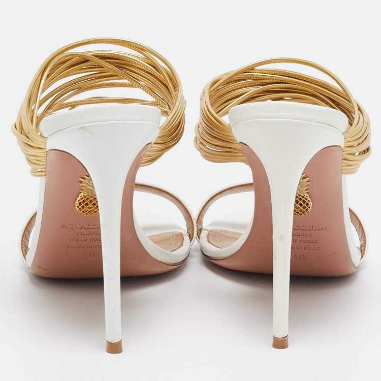 Pre Owned Aquazzura White/Gold Leather Rendez Vous Slide Sandals Size 40