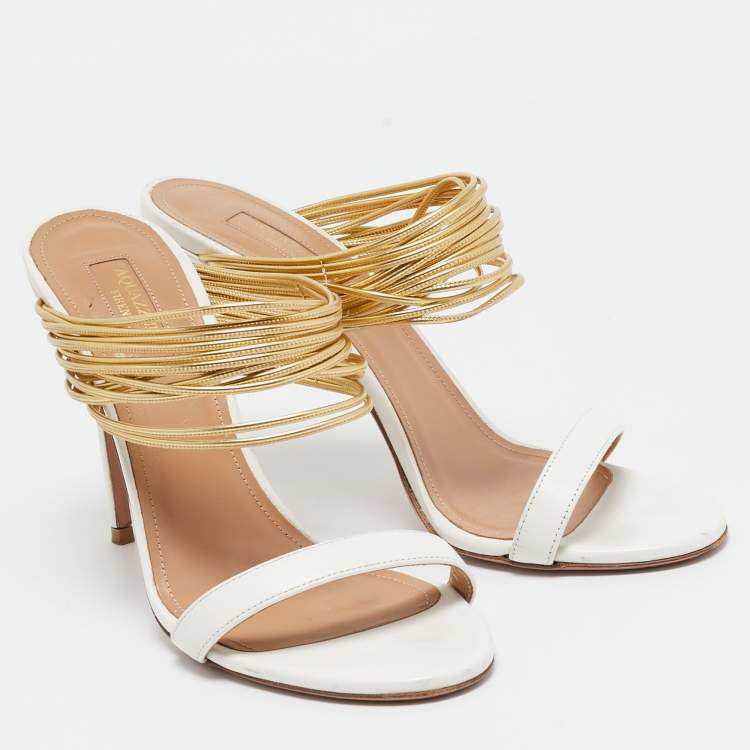 Pre Owned Aquazzura White/Gold Leather Rendez Vous Slide Sandals Size 40