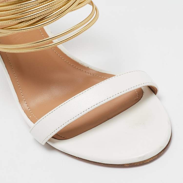 Pre Owned Aquazzura White/Gold Leather Rendez Vous Slide Sandals Size 40
