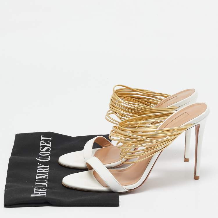 Pre Owned Aquazzura White/Gold Leather Rendez Vous Slide Sandals Size 40