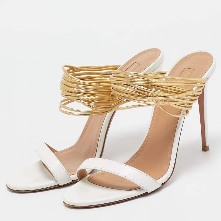 Pre Owned Aquazzura White/Gold Leather Rendez Vous Slide Sandals Size 40
