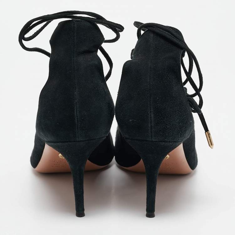 Pre Owned Aquazzura Black Suede Pointed Toe Ankle Wrap Pumps Size 42