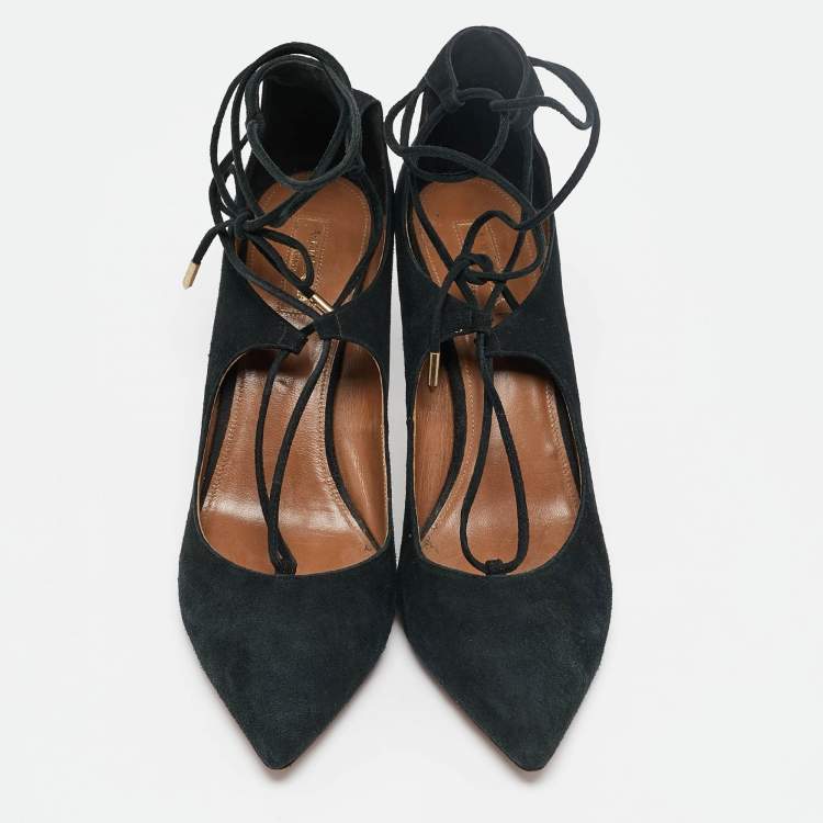 Pre Owned Aquazzura Black Suede Pointed Toe Ankle Wrap Pumps Size 42