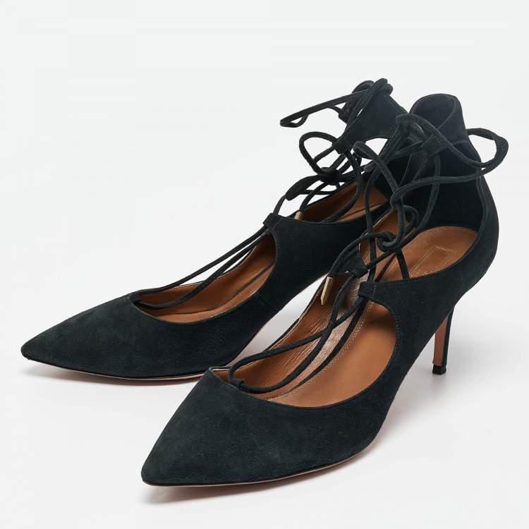 Pre Owned Aquazzura Black Suede Pointed Toe Ankle Wrap Pumps Size 42
