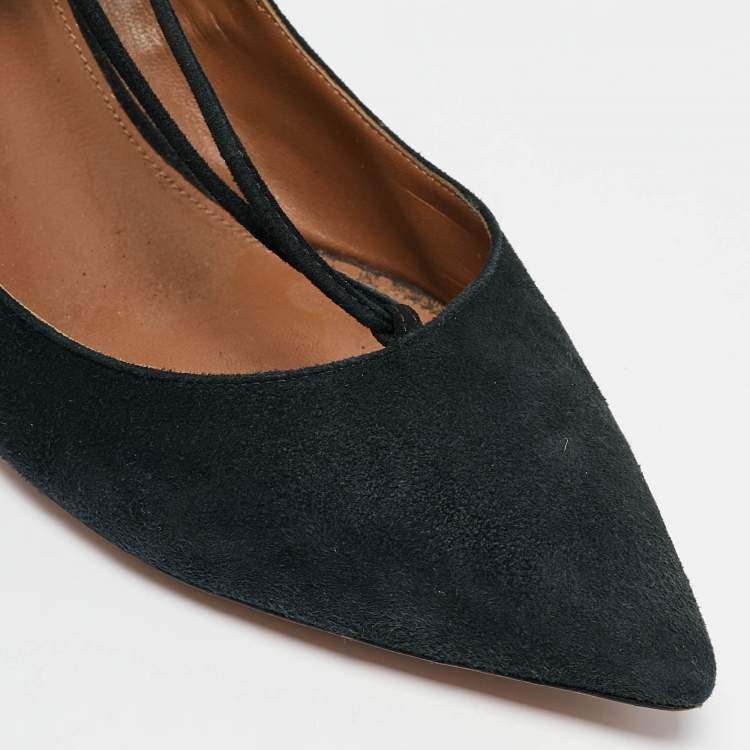 Pre Owned Aquazzura Black Suede Pointed Toe Ankle Wrap Pumps Size 42