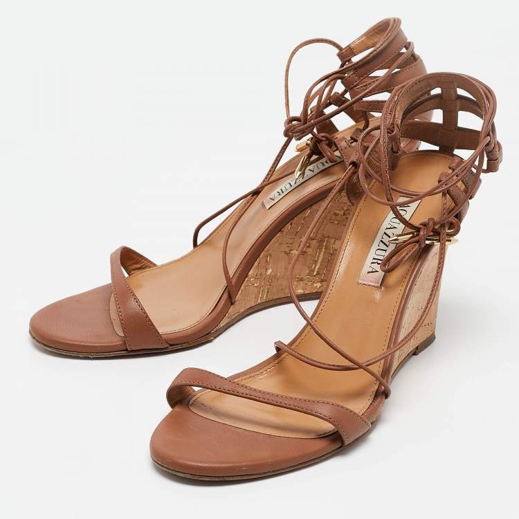 Pre Owned Aquazzura Brown Leather Gin Wedge Sandals Size 37