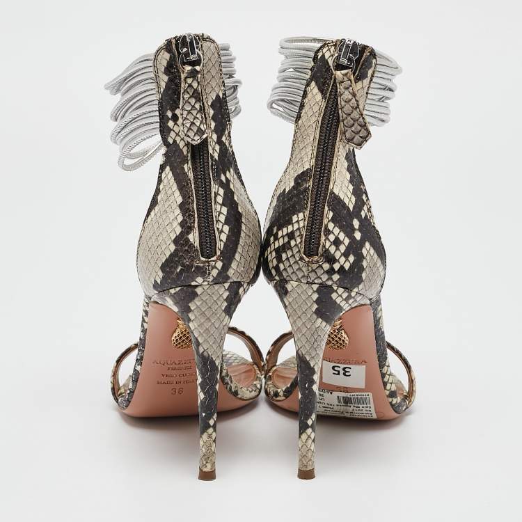 Pre Owned Aquazzura Grey/Brown Python Embossed Leather Spin Me Around  Sandals Size 36