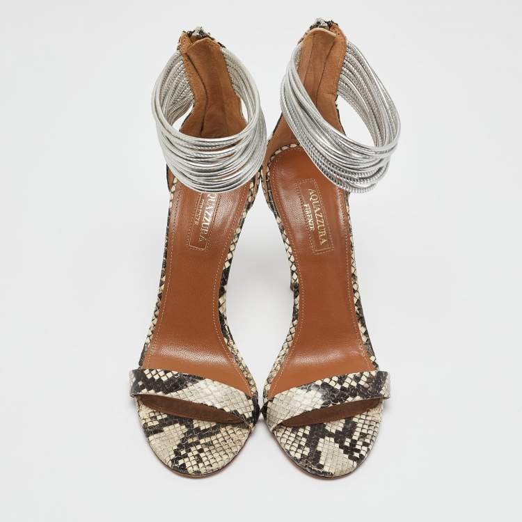 Pre Owned Aquazzura Grey/Brown Python Embossed Leather Spin Me Around  Sandals Size 36