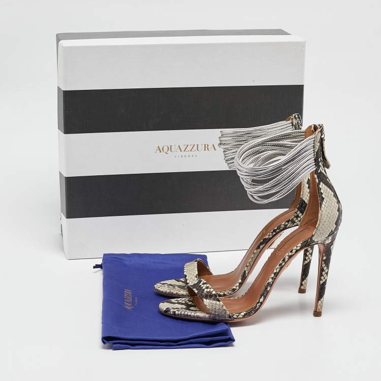 Pre Owned Aquazzura Grey/Brown Python Embossed Leather Spin Me Around  Sandals Size 36