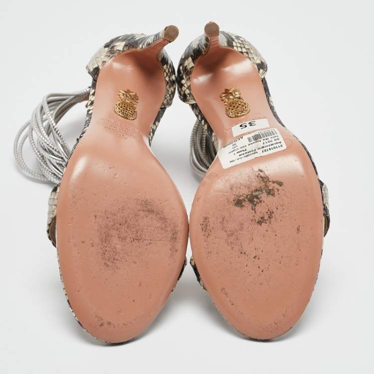Pre Owned Aquazzura Grey/Brown Python Embossed Leather Spin Me Around  Sandals Size 36