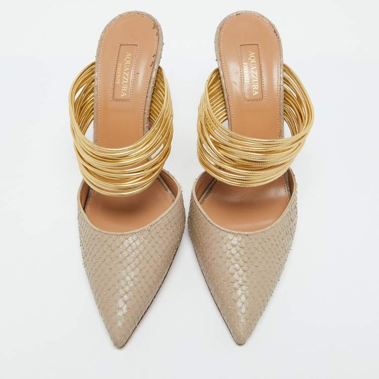 Pre Owned Aquazzura Beige/Gold Snakeskin Embossed Leather Rendez Vous Mules Size 38.5