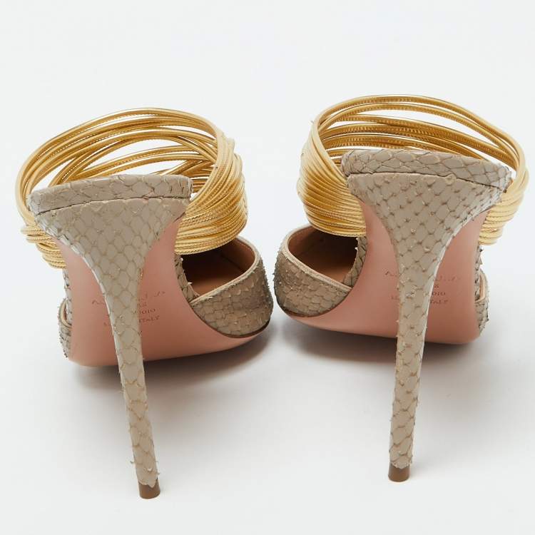 Pre Owned Aquazzura Beige/Gold Snakeskin Embossed Leather Rendez Vous Mules Size 38.5