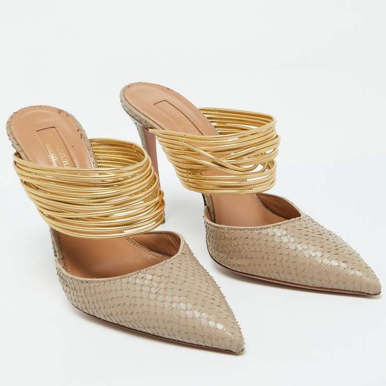 Pre Owned Aquazzura Beige/Gold Snakeskin Embossed Leather Rendez Vous Mules Size 38.5