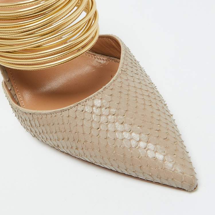 Pre Owned Aquazzura Beige/Gold Snakeskin Embossed Leather Rendez Vous Mules Size 38.5