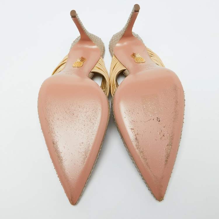 Pre Owned Aquazzura Beige/Gold Snakeskin Embossed Leather Rendez Vous Mules Size 38.5