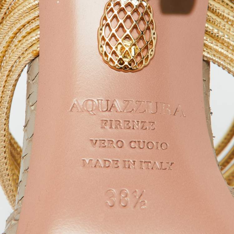 Pre Owned Aquazzura Beige/Gold Snakeskin Embossed Leather Rendez Vous Mules Size 38.5
