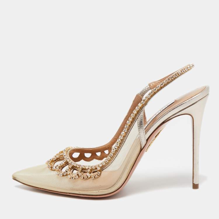 Pre Owned Aquazzura Gold Leather and Mesh Tiara Crystal Embellished Pumps Size 37.5   