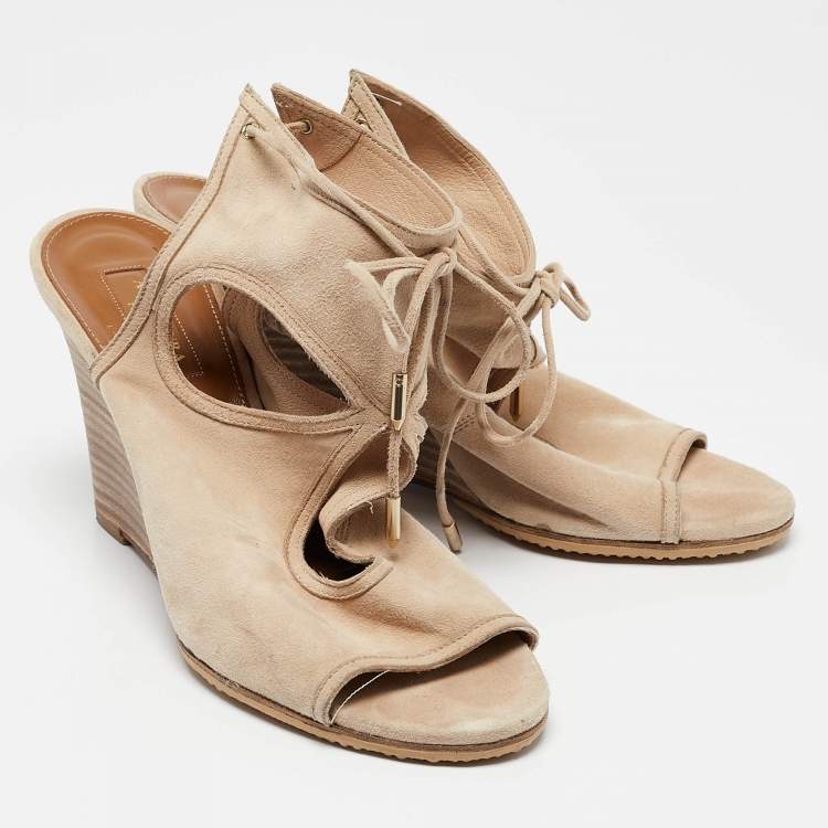 Pre Owned Aquazzura Beige Suede Wedge Sandals Size 38.5