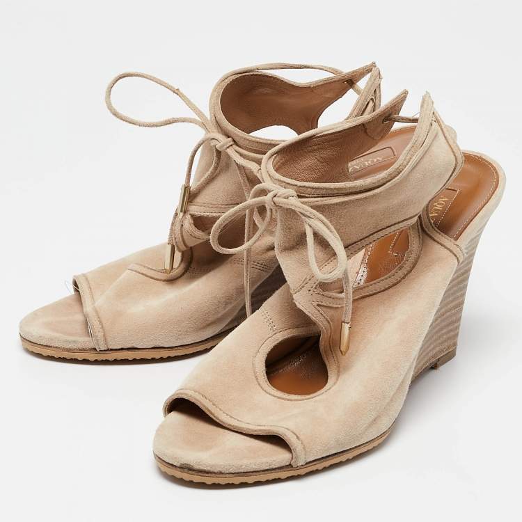 Pre Owned Aquazzura Beige Suede Wedge Sandals Size 38.5