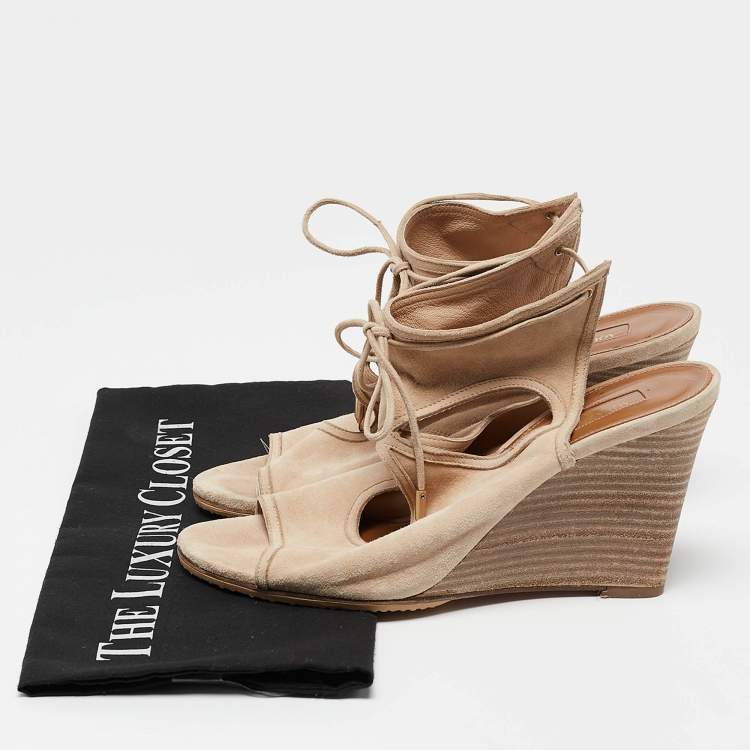 Pre Owned Aquazzura Beige Suede Wedge Sandals Size 38.5