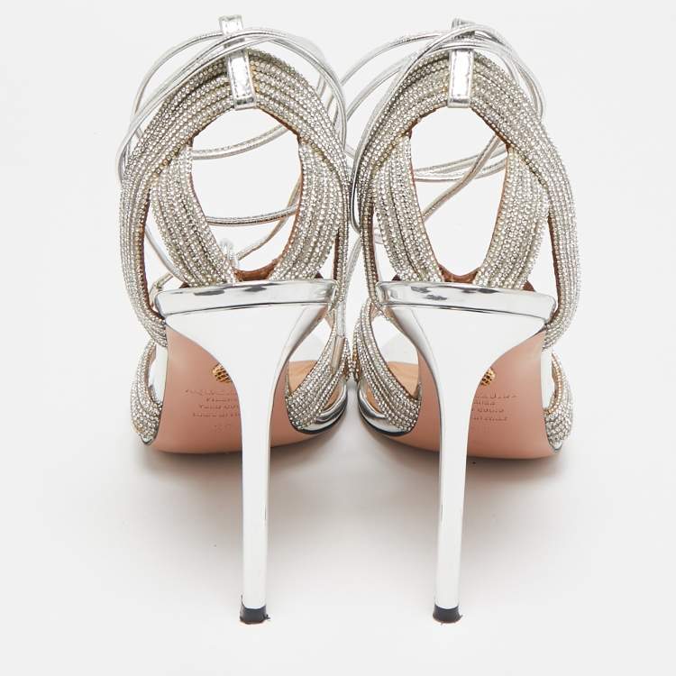 Pre Owned Aquazzura Silver Leather Crystal Embellished Ari Ankle Wrap Sandals Size 39