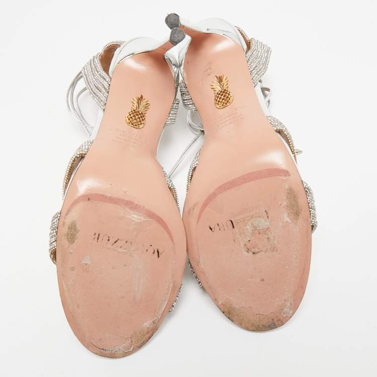 Pre Owned Aquazzura Silver Leather Crystal Embellished Ari Ankle Wrap Sandals Size 39