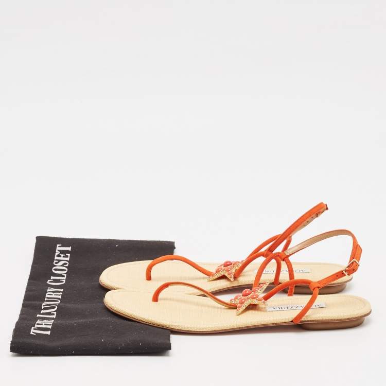 Pre Owned Aquazzura Orange Suede Star Embellished Slingback Sandals Size 39