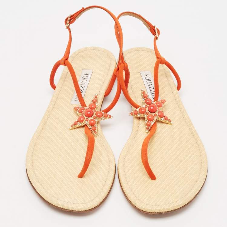 Pre Owned Aquazzura Orange Suede Star Embellished Slingback Sandals Size 39