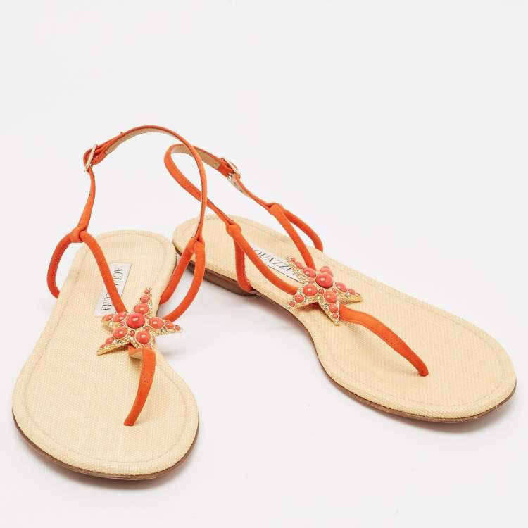 Pre Owned Aquazzura Orange Suede Star Embellished Slingback Sandals Size 39