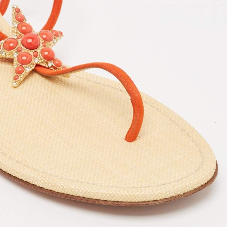 Pre Owned Aquazzura Orange Suede Star Embellished Slingback Sandals Size 39