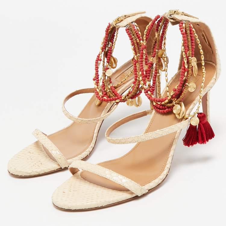 مملوكة مسبقًا Aquazzura Beige Python Embossed Leather India Ankle Strap Sandals Size 39