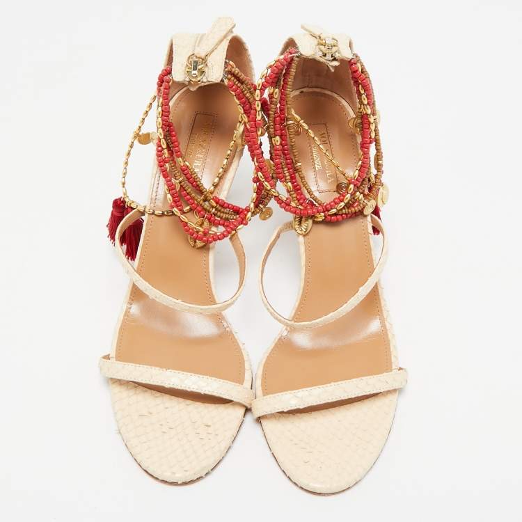 مملوكة مسبقًا Aquazzura Beige Python Embossed Leather India Ankle Strap Sandals Size 39