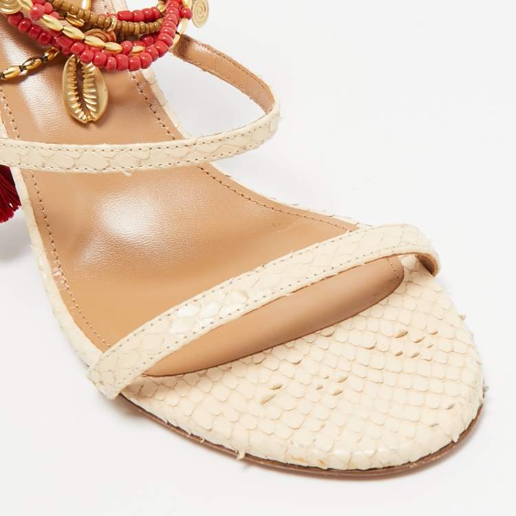 مملوكة مسبقًا Aquazzura Beige Python Embossed Leather India Ankle Strap Sandals Size 39