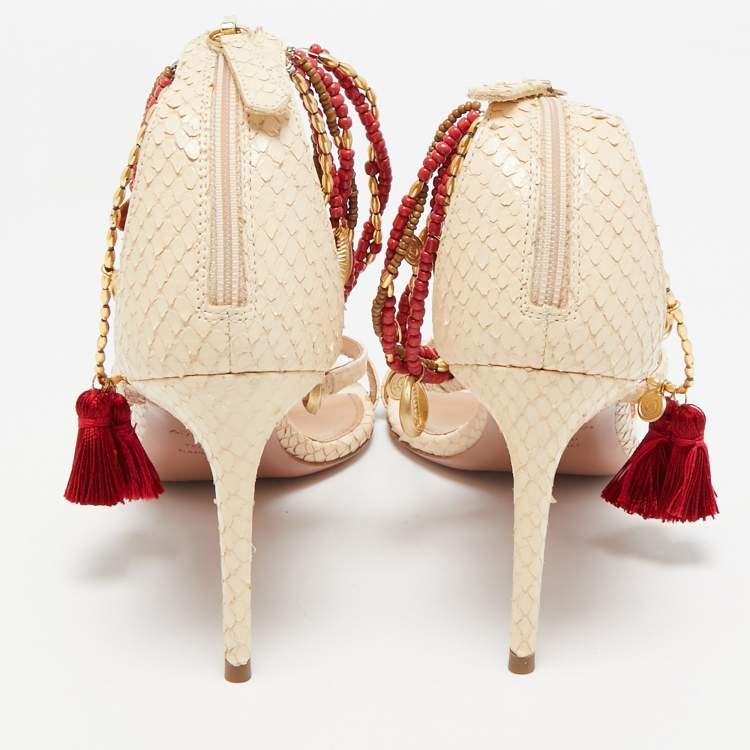 مملوكة مسبقًا Aquazzura Beige Python Embossed Leather India Ankle Strap Sandals Size 39