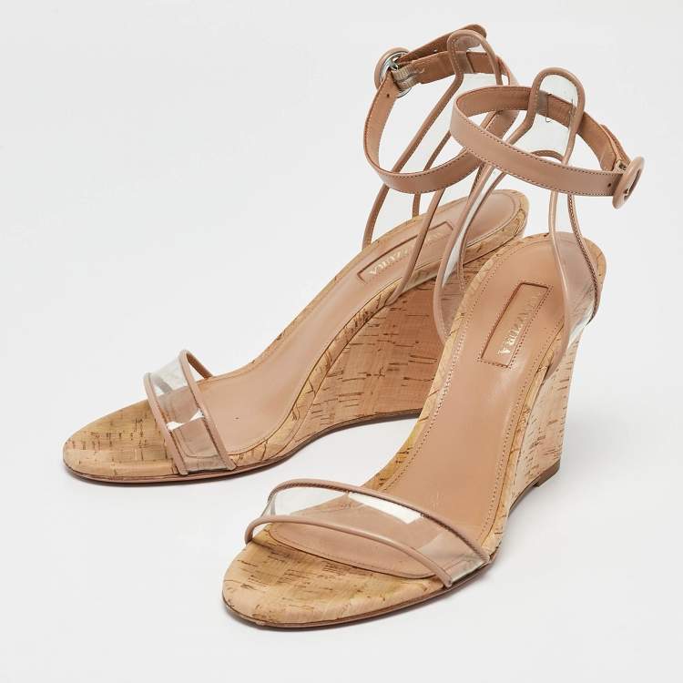 Pre Owned Aquazzura Beige Leather and PVC Minimalist Wedge Sandals Size 36.5