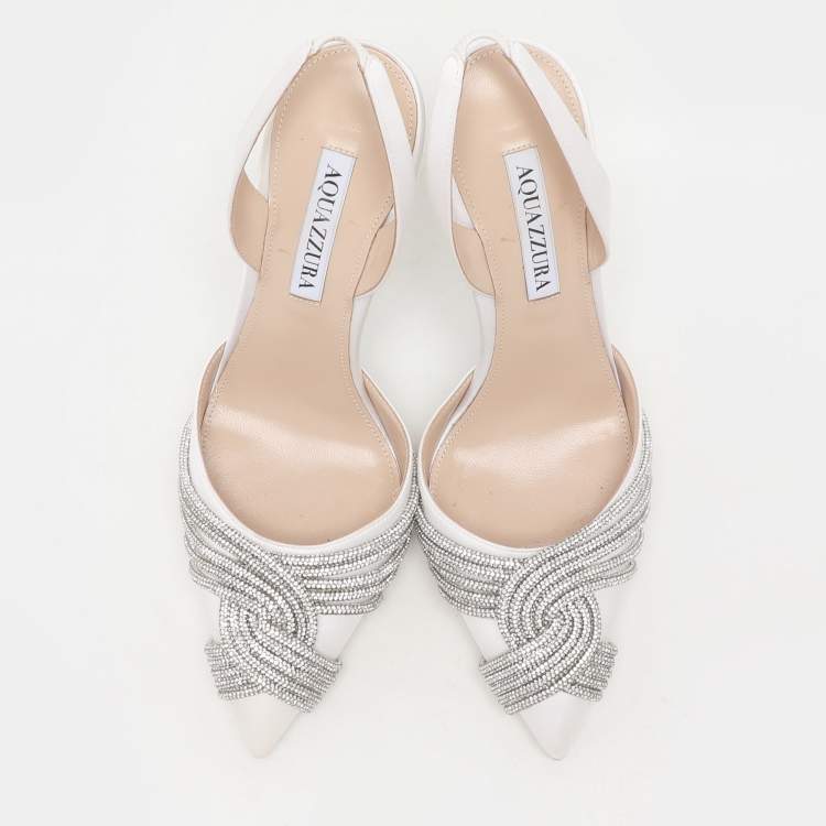 Pre Owned Aquazzura White Satin Gatsby Slingback Pumps Size 37