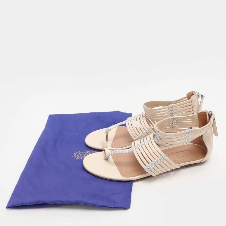 Pre Owned Aquazzura Beige/Silver Leather Ravello Gladiator Toe-Ring Flat Sandals Size 36.5