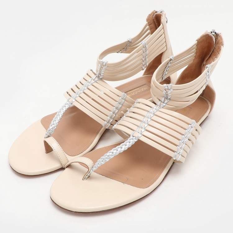 Pre Owned Aquazzura Beige/Silver Leather Ravello Gladiator Toe-Ring Flat Sandals Size 36.5