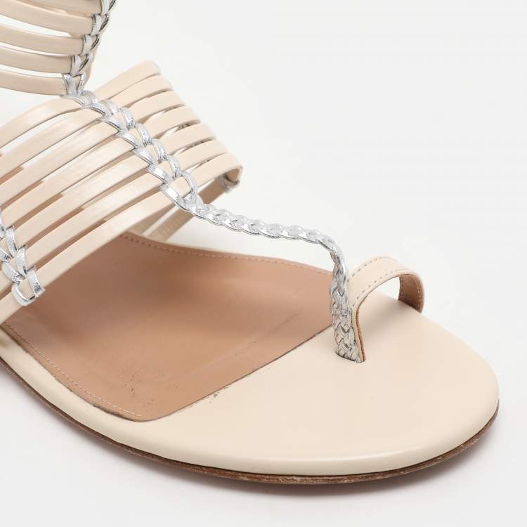 Pre Owned Aquazzura Beige/Silver Leather Ravello Gladiator Toe-Ring Flat Sandals Size 36.5