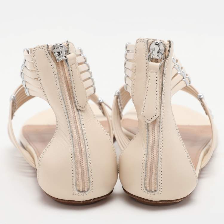 Pre Owned Aquazzura Beige/Silver Leather Ravello Gladiator Toe-Ring Flat Sandals Size 36.5