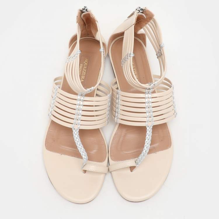 Pre Owned Aquazzura Beige/Silver Leather Ravello Gladiator Toe-Ring Flat Sandals Size 36.5