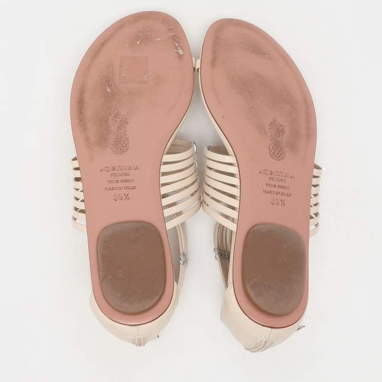 Pre Owned Aquazzura Beige/Silver Leather Ravello Gladiator Toe-Ring Flat Sandals Size 36.5