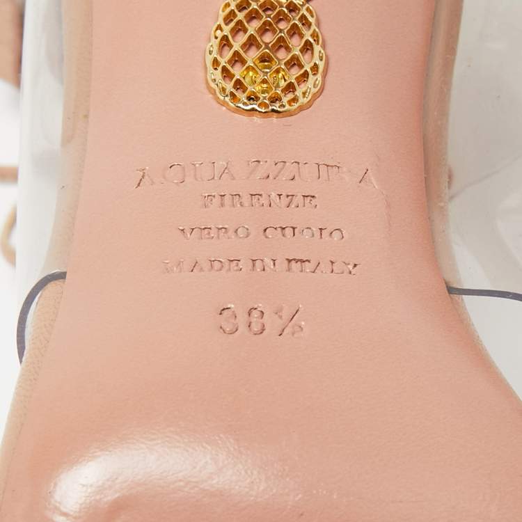 Pre Owned Aquazzura Beige Leather and PVC Milos Ankle Strap Sandals Size 38.5
