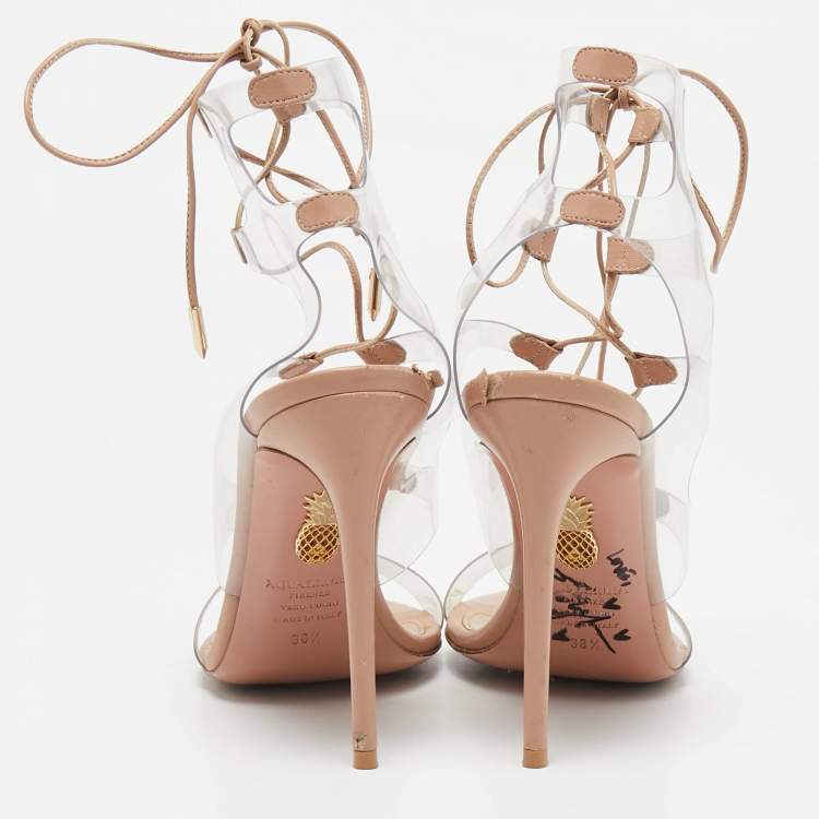 Pre Owned Aquazzura Beige Leather and PVC Milos Ankle Strap Sandals Size 38.5