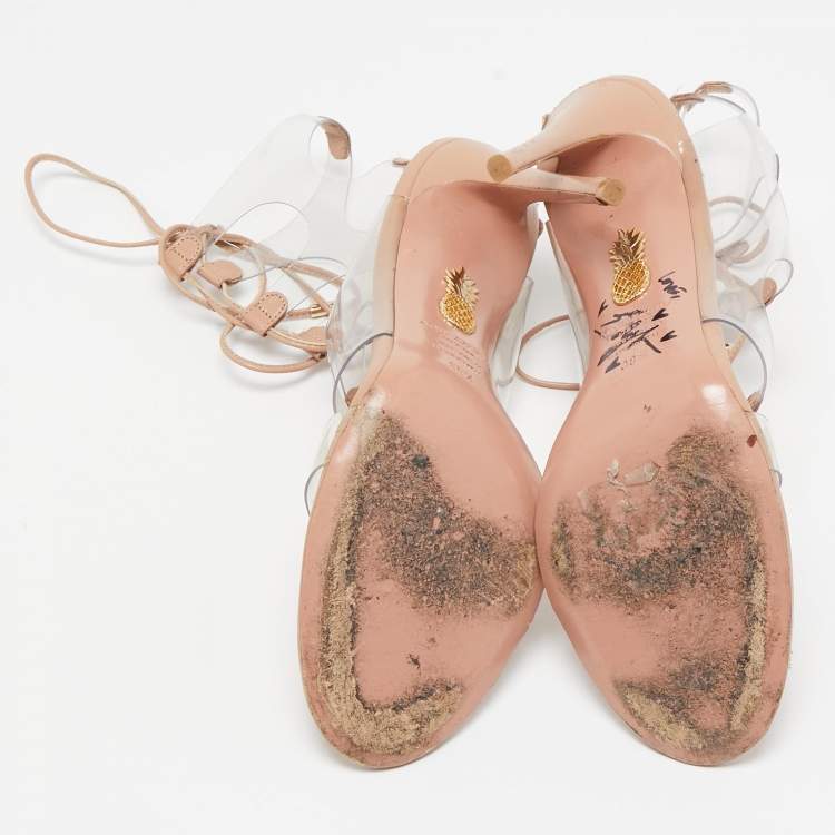 Pre Owned Aquazzura Beige Leather and PVC Milos Ankle Strap Sandals Size 38.5