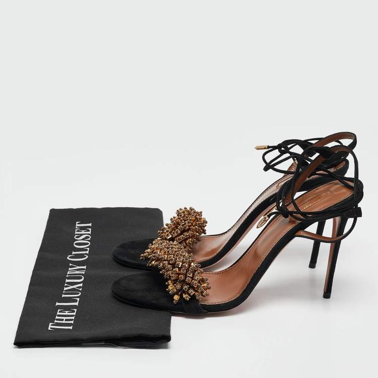 Pre Owned Aquazzura Black Suede Embellished Monaco Ankle Tie Sandals Size 42