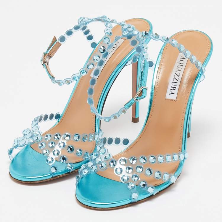 مملوكة مسبقًا Aquazzura Transparent/Metallic Aqua PVC and Leather Dance Plexi Sandals Size 38.5