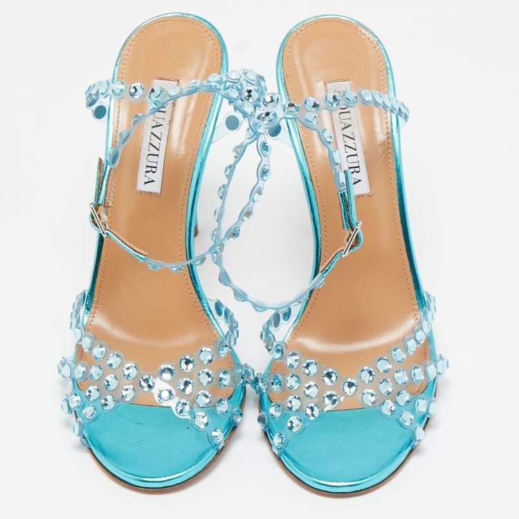 مملوكة مسبقًا Aquazzura Transparent/Metallic Aqua PVC and Leather Dance Plexi Sandals Size 38.5