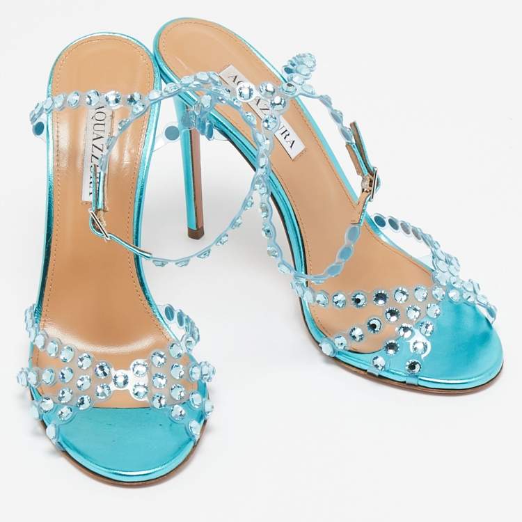 مملوكة مسبقًا Aquazzura Transparent/Metallic Aqua PVC and Leather Dance Plexi Sandals Size 38.5